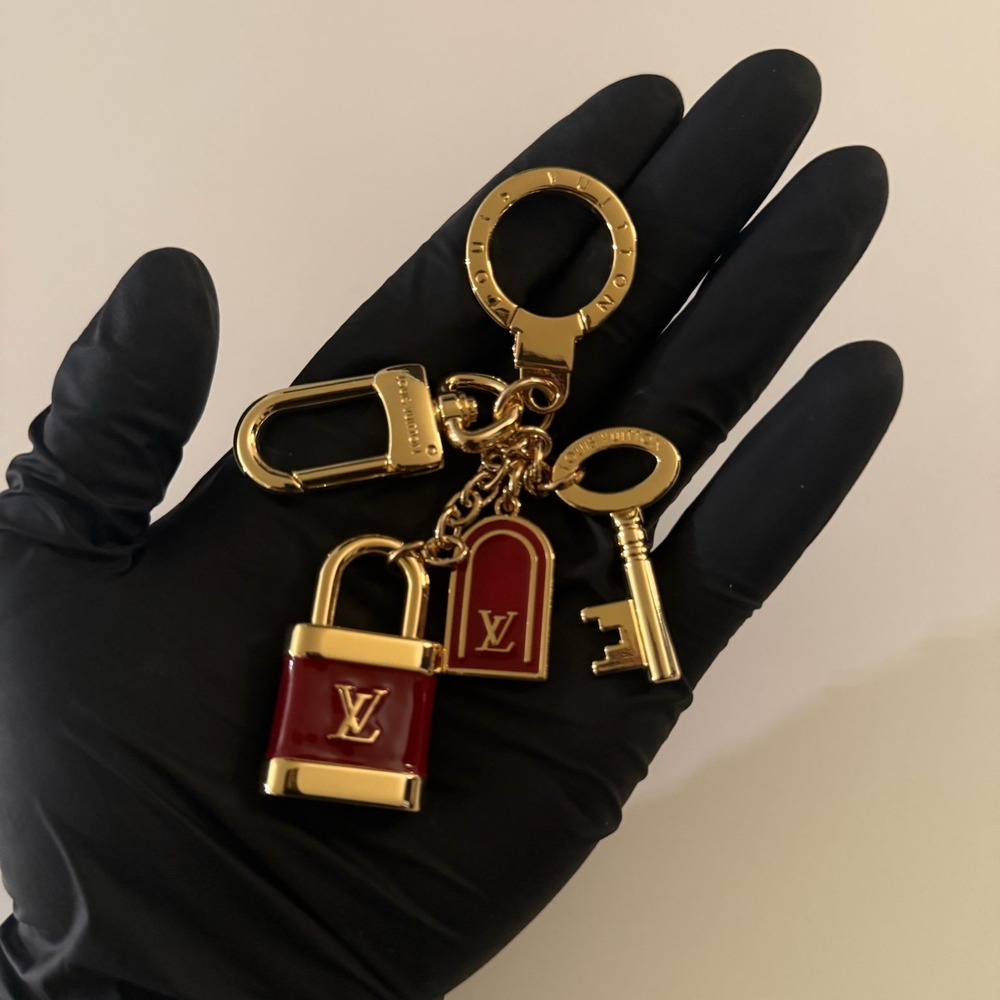 Louis Vuitton Red Enamel Padlock Keychain Bag Charm Gold Hardware Pre Owned